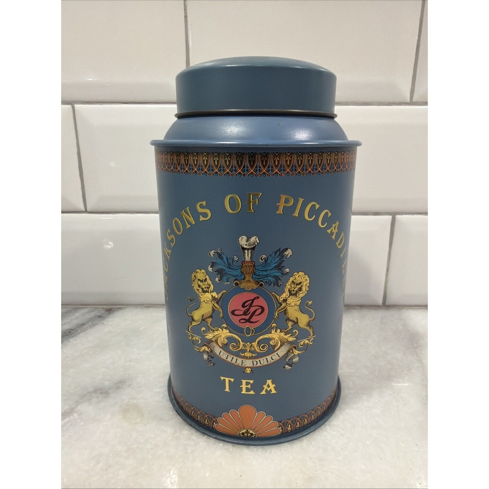 Vintage Jacksons of Piccadilly Tea Canister Tin Teal London England Empty ES003‎